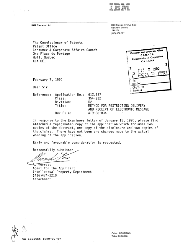 Document de brevet canadien 1321656. Correspondance de la poursuite 19900207. Image 1 de 1