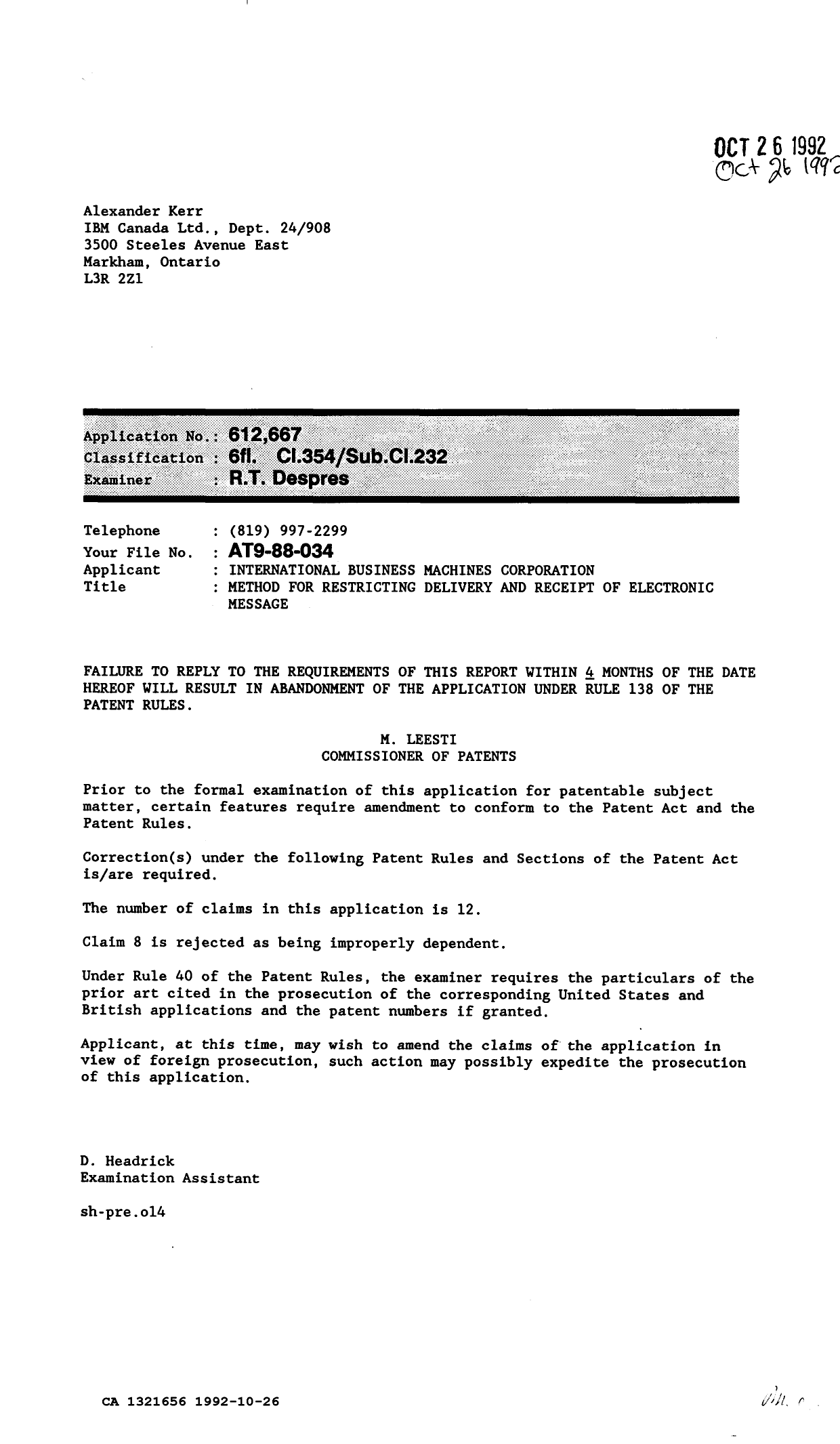 Canadian Patent Document 1321656. Examiner Requisition 19921026. Image 1 of 1