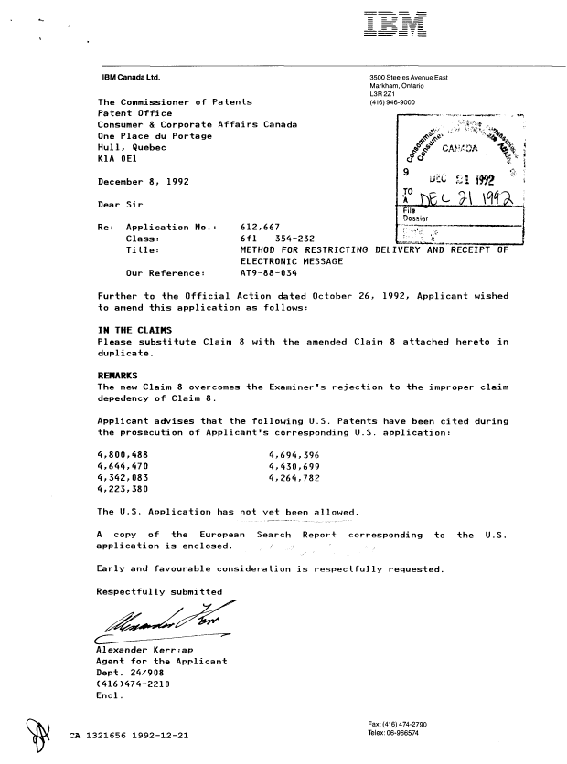 Document de brevet canadien 1321656. Correspondance de la poursuite 19921221. Image 1 de 2