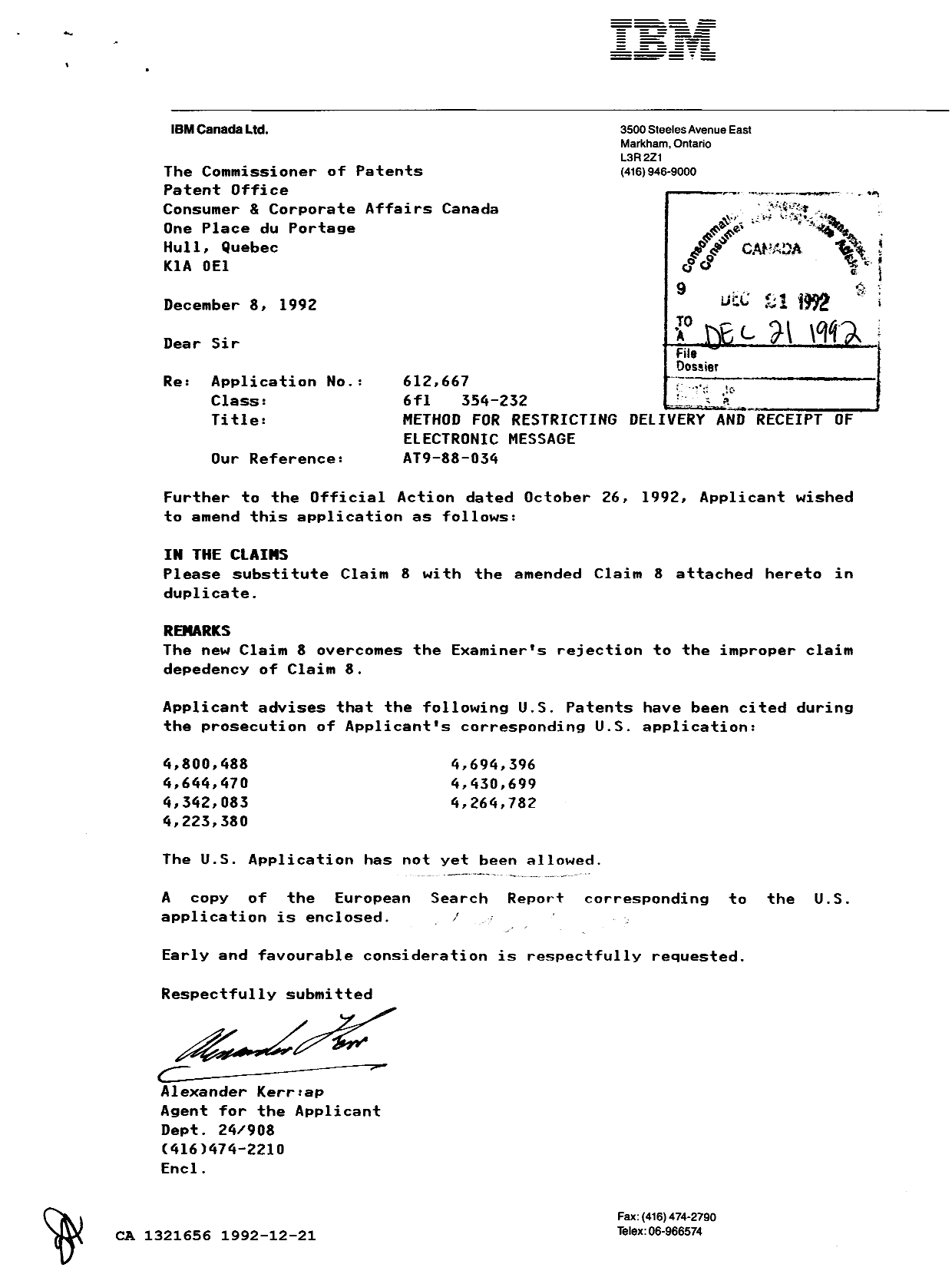 Canadian Patent Document 1321656. Prosecution Correspondence 19921221. Image 1 of 2