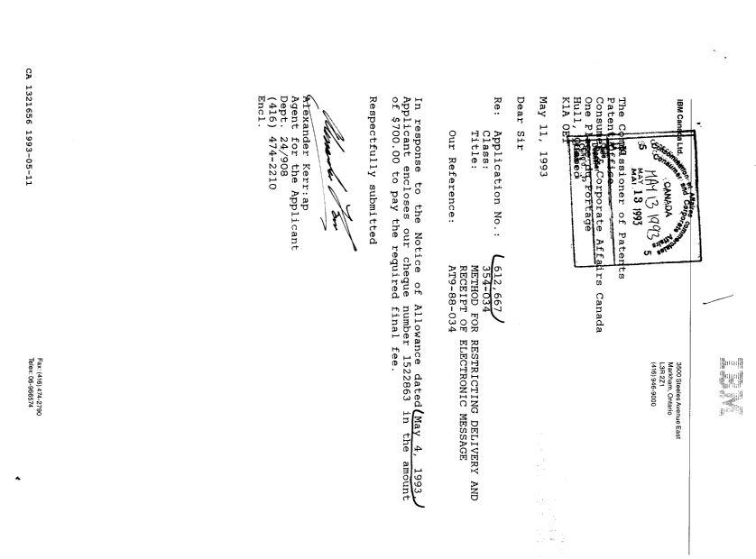 Canadian Patent Document 1321656. PCT Correspondence 19930511. Image 1 of 1