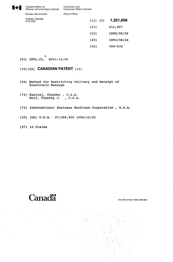 Canadian Patent Document 1321656. Cover Page 19940304. Image 1 of 1