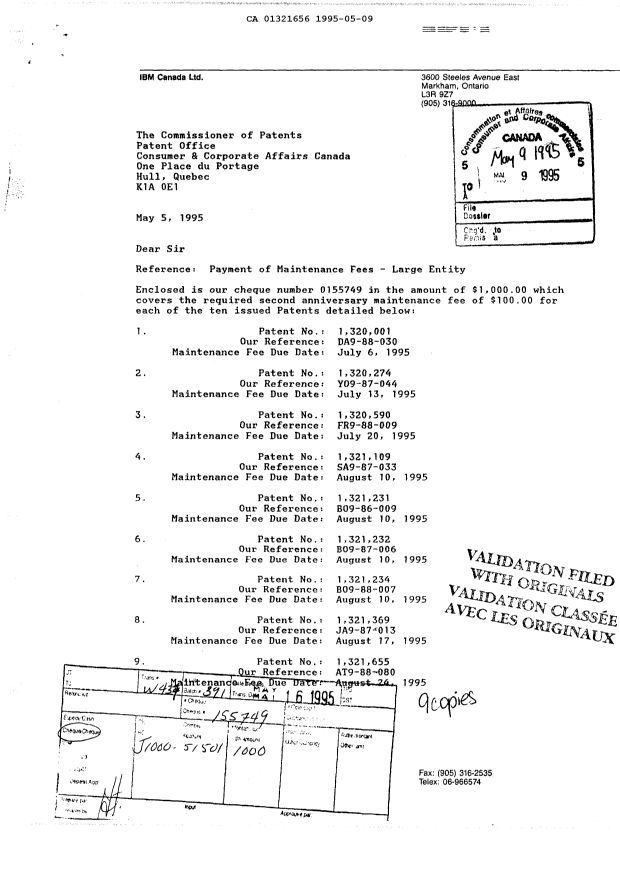 Document de brevet canadien 1321656. Taxes 19950509. Image 1 de 2