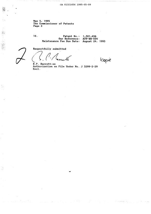 Canadian Patent Document 1321656. Fees 19950509. Image 2 of 2