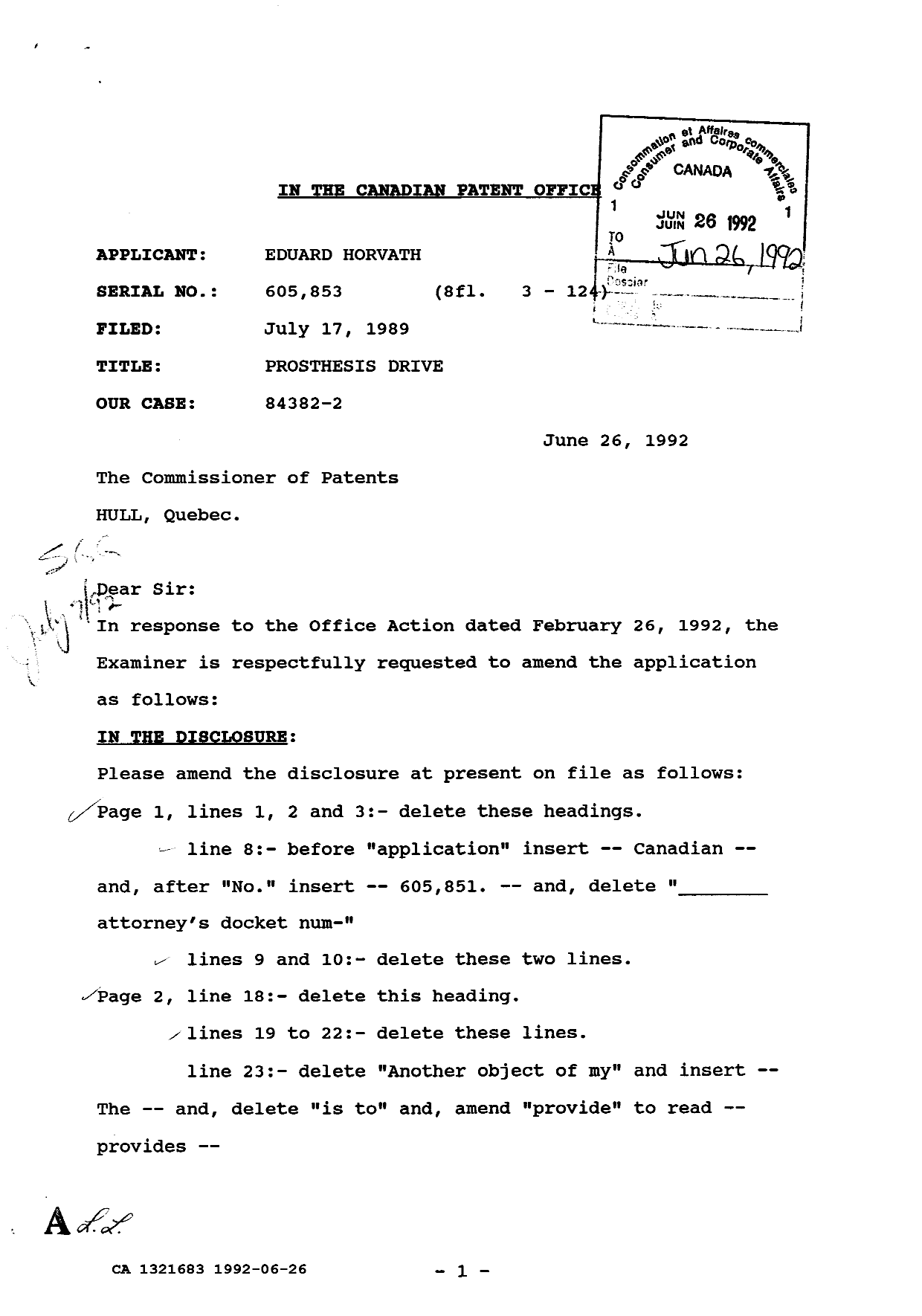 Document de brevet canadien 1321683. Correspondance de la poursuite 19920626. Image 1 de 3