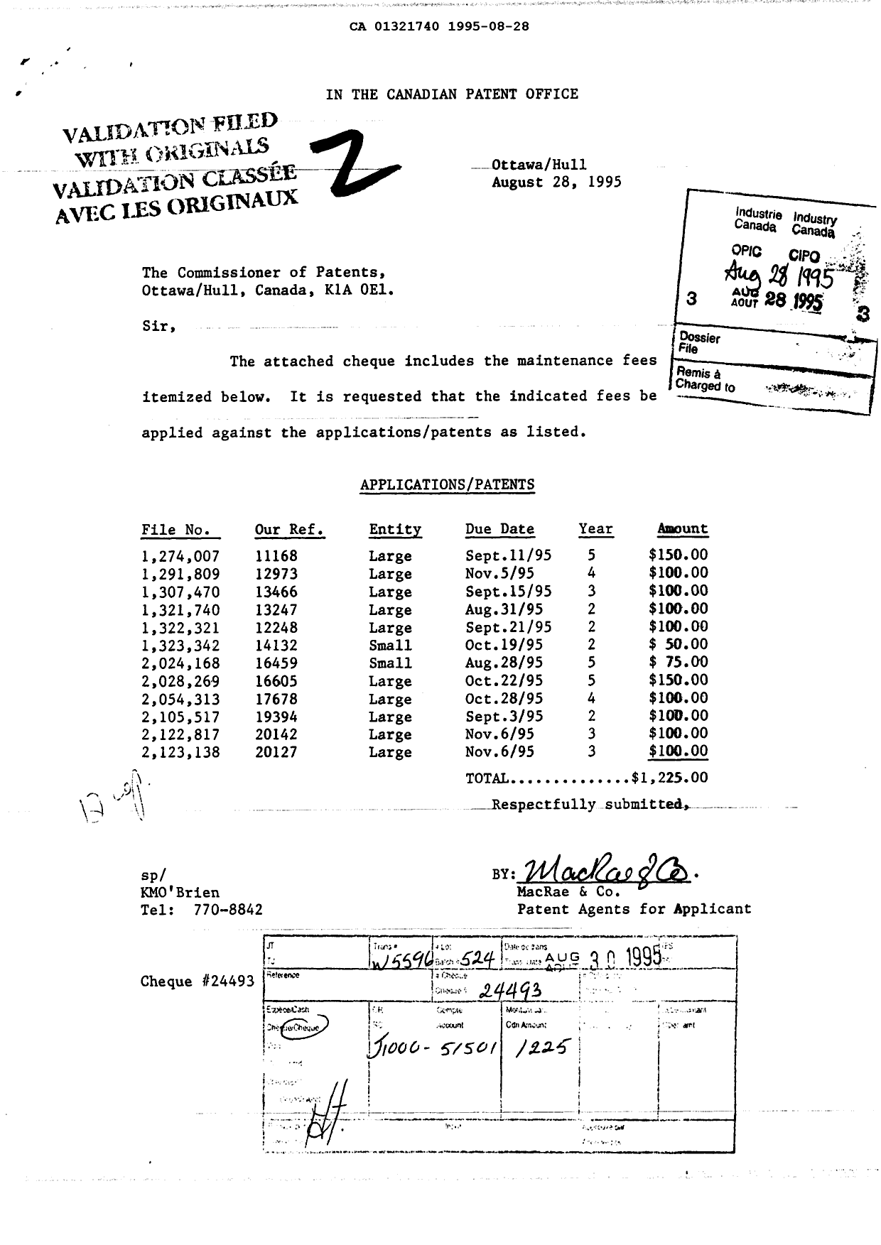 Document de brevet canadien 1321740. Taxes 19950828. Image 1 de 1