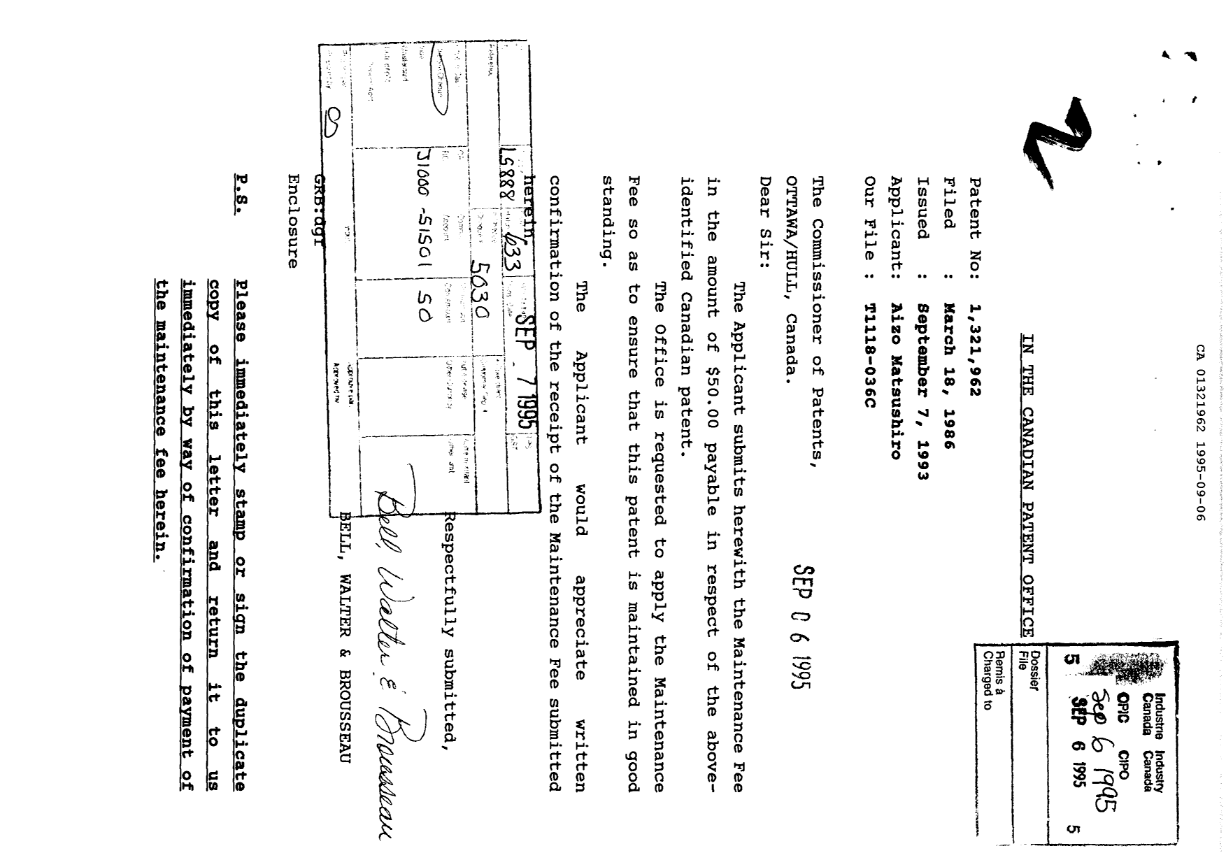 Canadian Patent Document 1321962. Fees 19950906. Image 1 of 1
