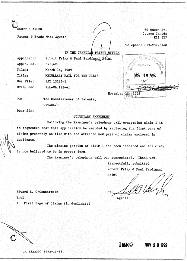 Document de brevet canadien 1322307. Correspondance de la poursuite 19921118. Image 1 de 2