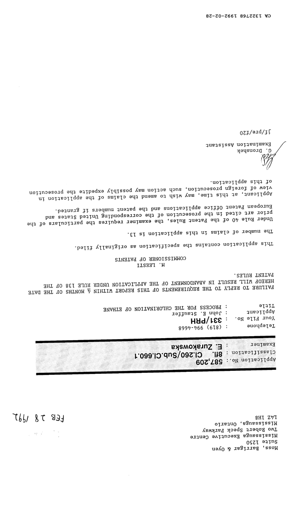 Canadian Patent Document 1322768. Examiner Requisition 19920228. Image 1 of 1