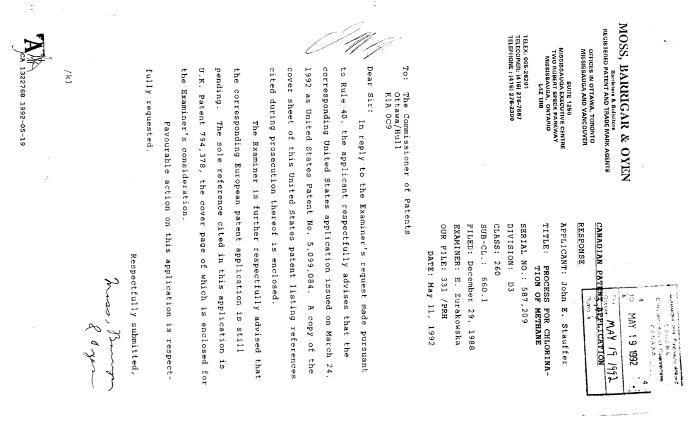 Document de brevet canadien 1322768. Correspondance de la poursuite 19920519. Image 1 de 1