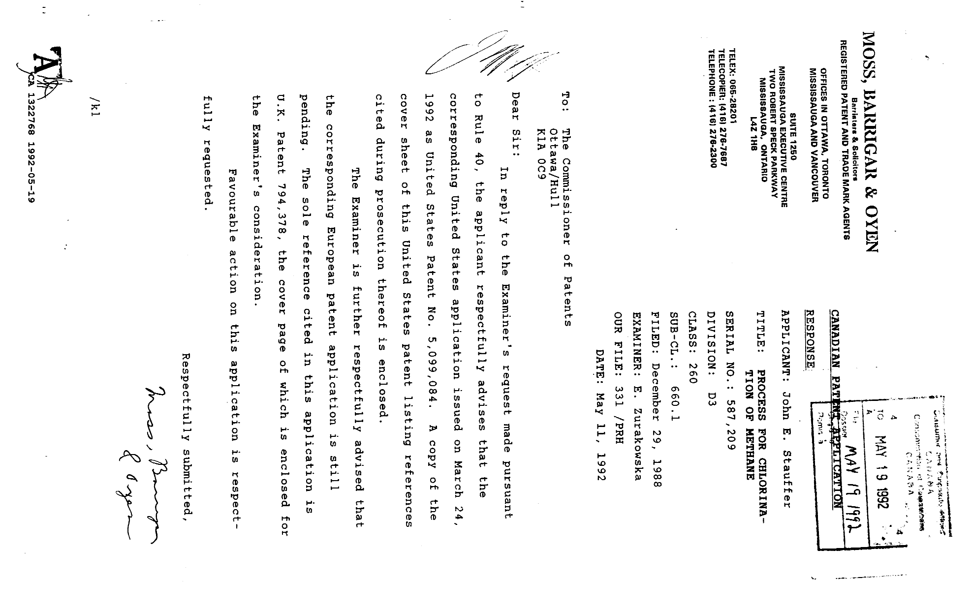 Canadian Patent Document 1322768. Prosecution Correspondence 19920519. Image 1 of 1
