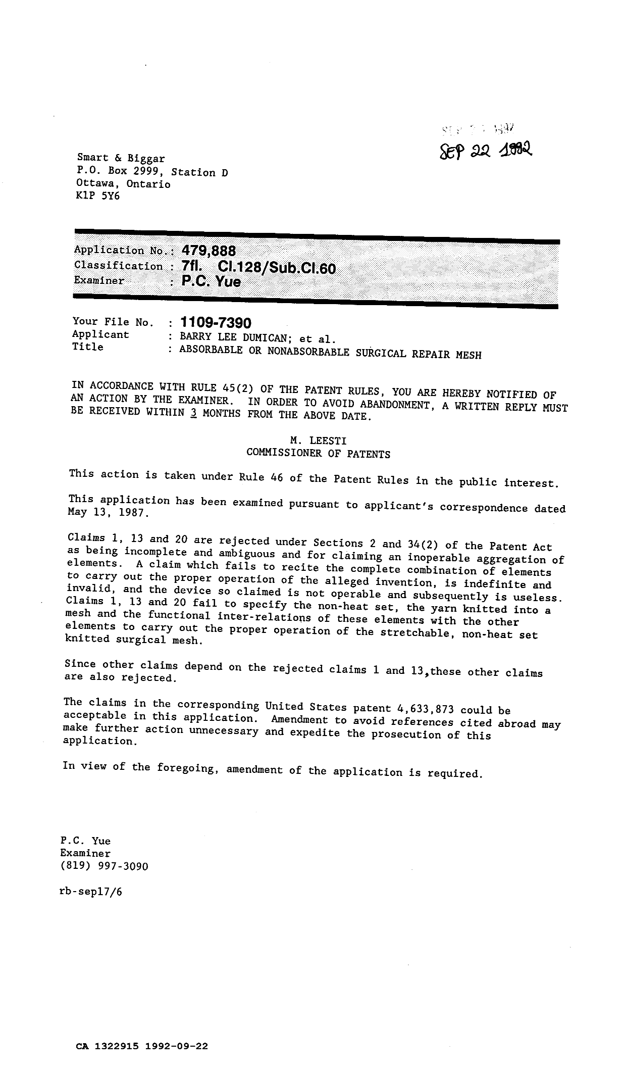 Document de brevet canadien 1322915. Demande d'examen 19920922. Image 1 de 1