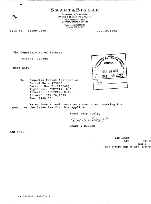 Document de brevet canadien 1322915. Correspondance reliée au PCT 19930719. Image 1 de 1