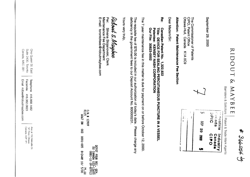 Document de brevet canadien 1322922. Taxes 20000929. Image 1 de 1