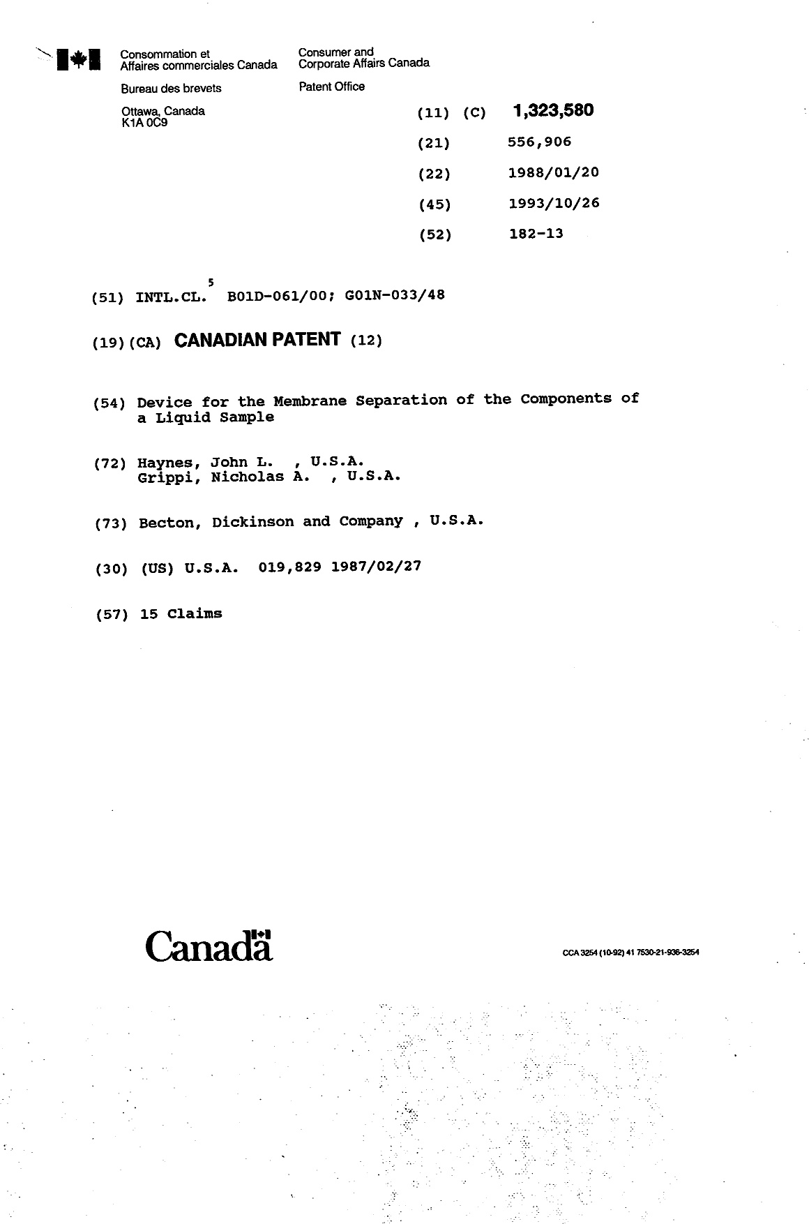Document de brevet canadien 1323580. Page couverture 19940309. Image 1 de 1
