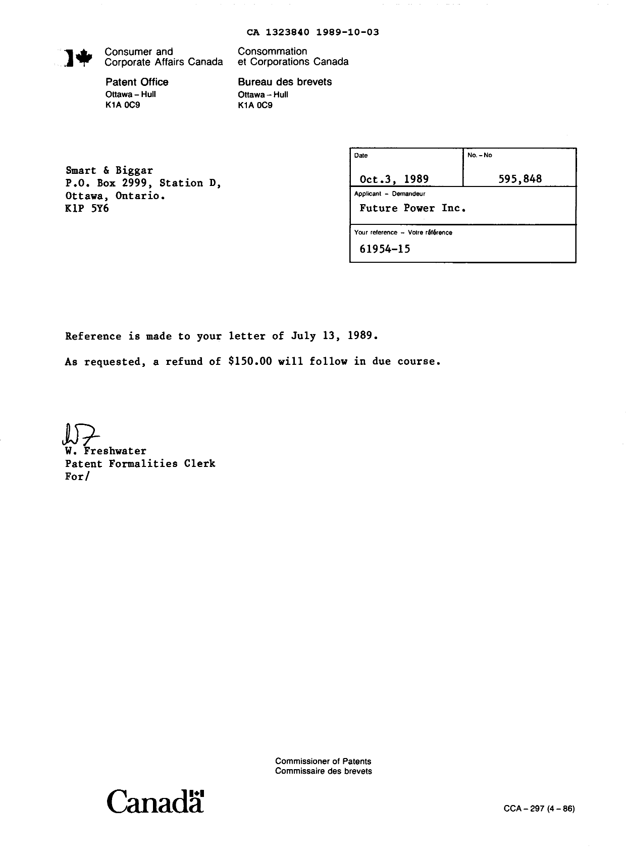 Document de brevet canadien 1323840. Lettre du bureau 19891003. Image 1 de 1