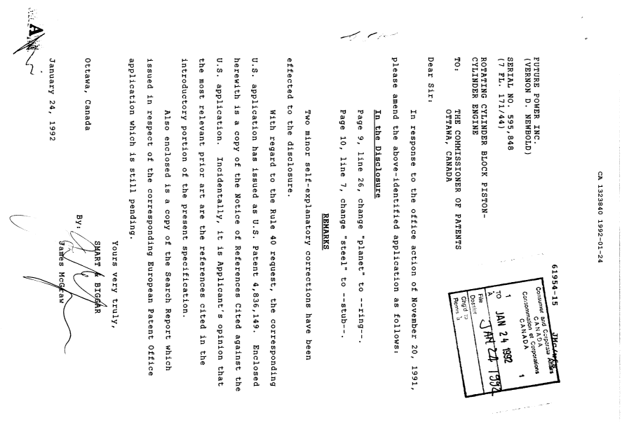 Document de brevet canadien 1323840. Correspondance de la poursuite 19920124. Image 1 de 3