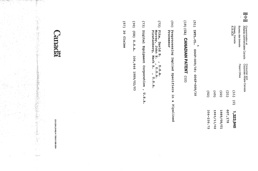Document de brevet canadien 1323940. Page couverture 19940716. Image 1 de 1