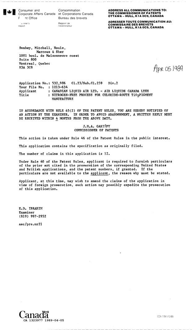 Canadian Patent Document 1323977. Examiner Requisition 19890405. Image 1 of 1