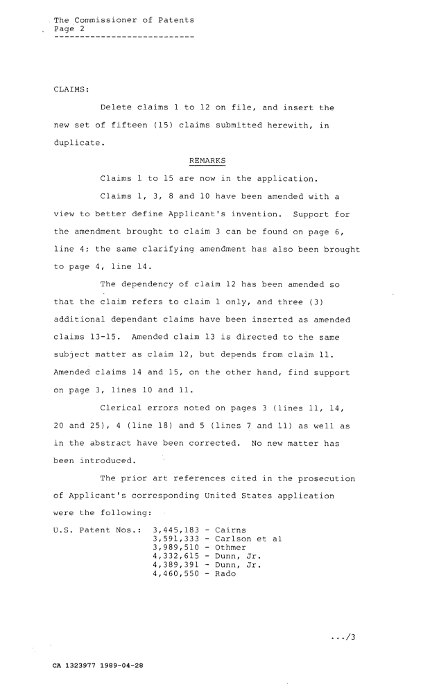 Document de brevet canadien 1323977. Correspondance de la poursuite 19890428. Image 2 de 17