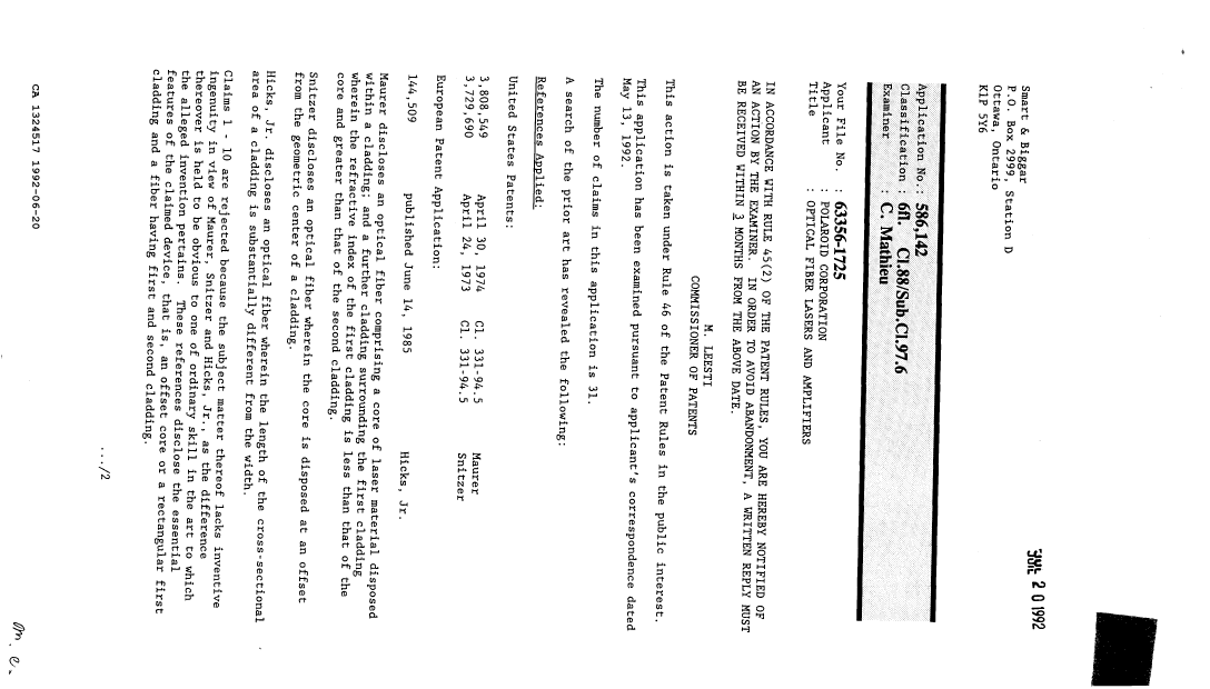 Document de brevet canadien 1324517. Demande d'examen 19920620. Image 1 de 2