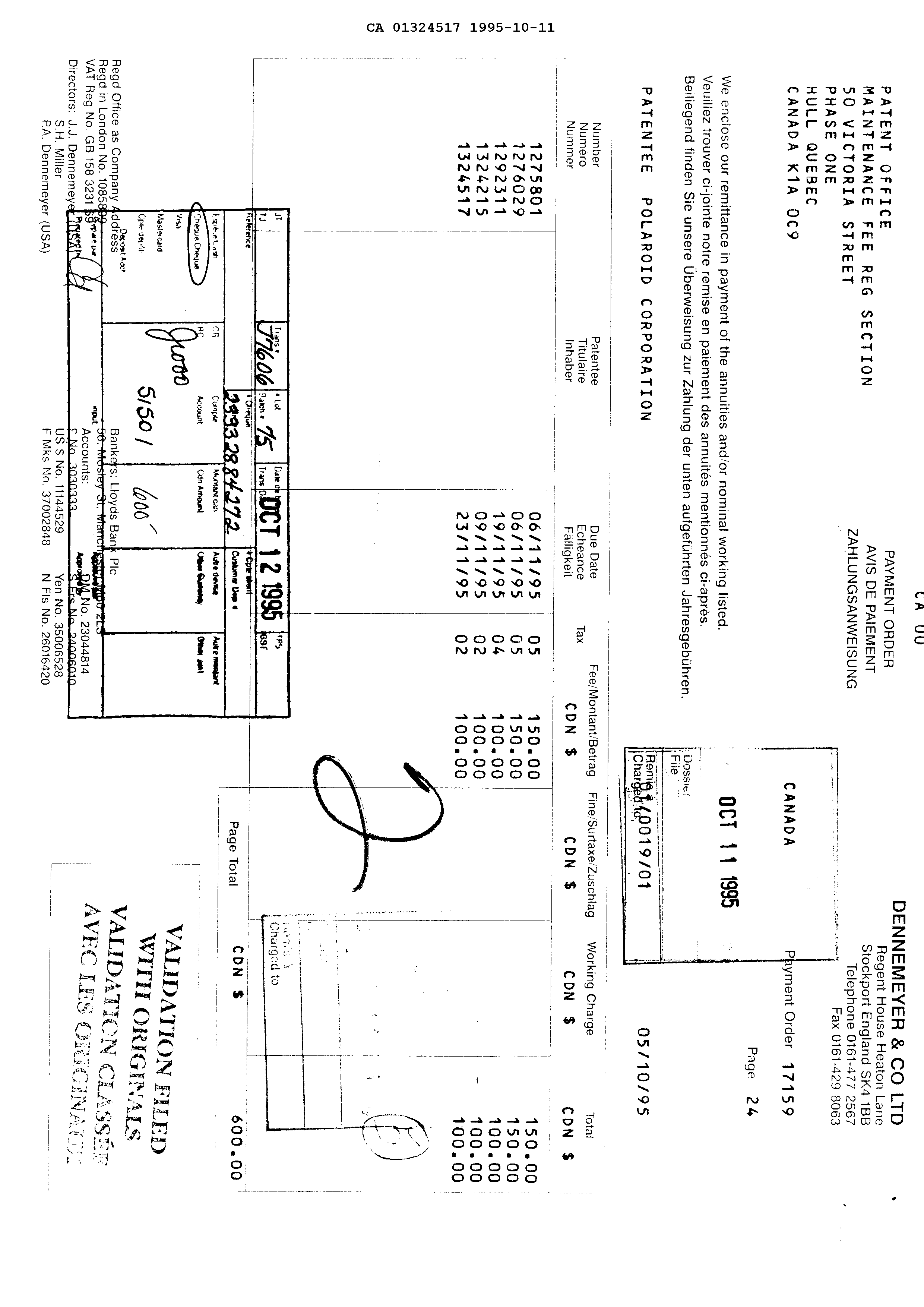 Canadian Patent Document 1324517. Fees 19951011. Image 1 of 1