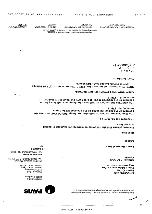 Canadian Patent Document 1324813. Correspondence 19971106. Image 1 of 1