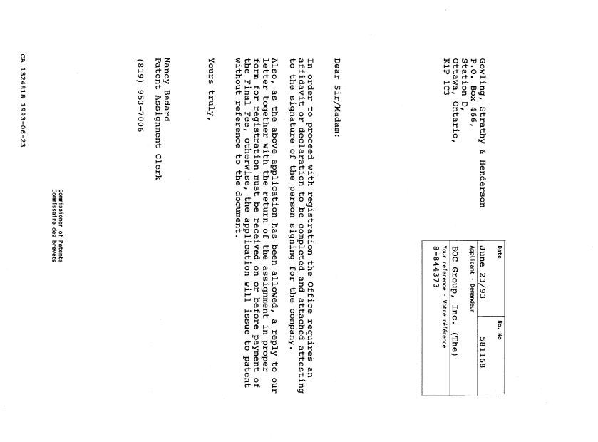 Document de brevet canadien 1324818. Lettre du bureau 19930623. Image 1 de 1
