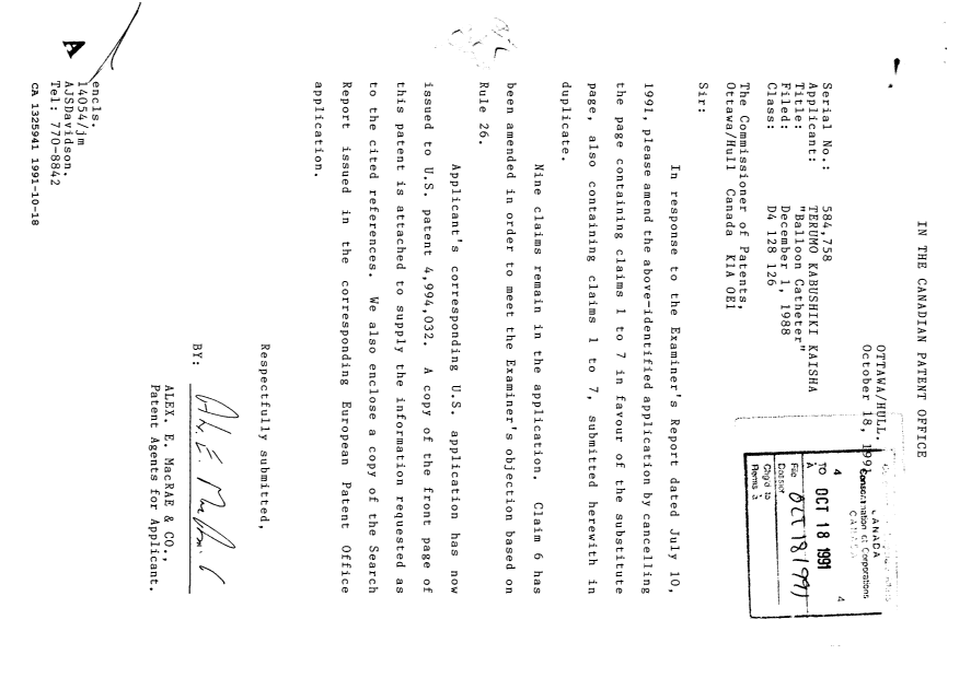 Document de brevet canadien 1325941. Correspondance de la poursuite 19911018. Image 1 de 3