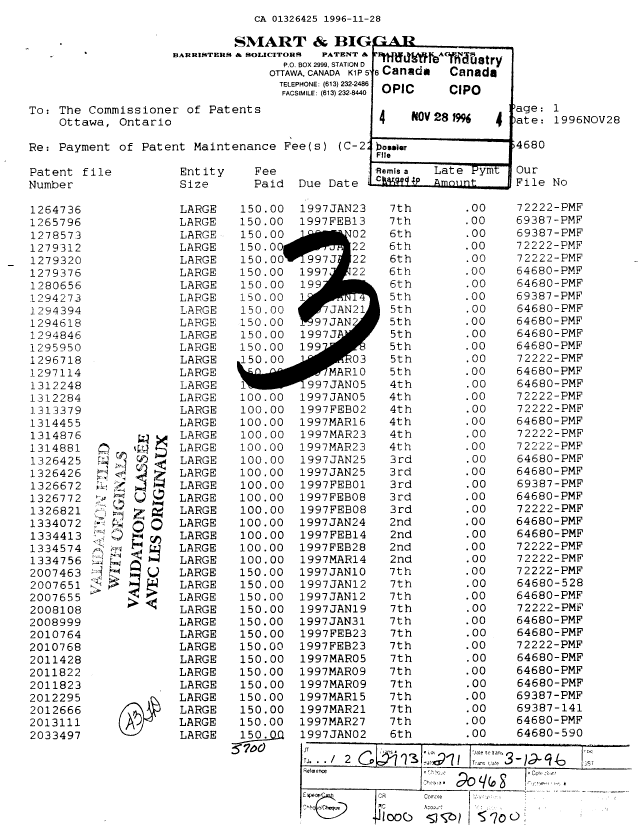 Document de brevet canadien 1326425. Taxes 19961128. Image 1 de 1