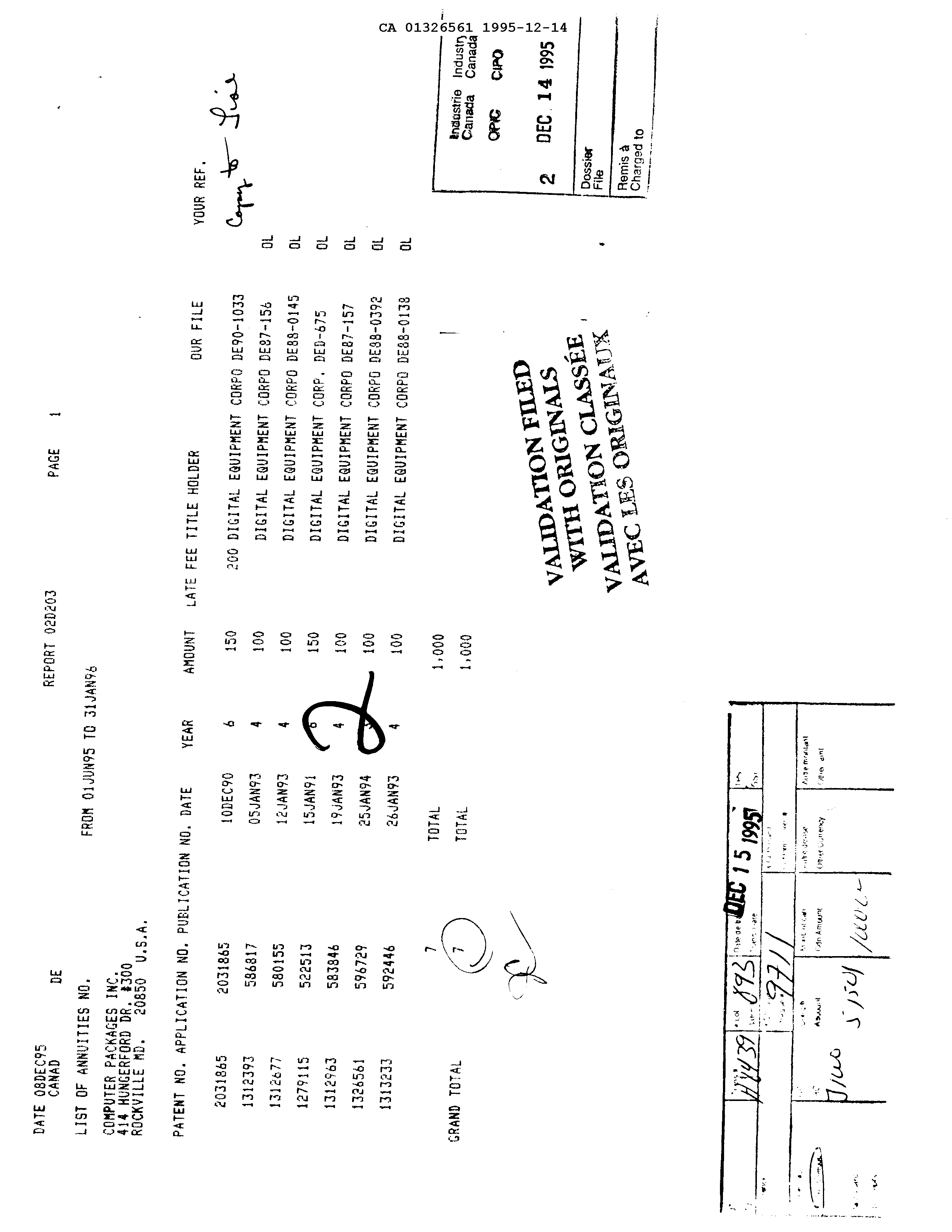 Canadian Patent Document 1326561. Fees 19951214. Image 1 of 1