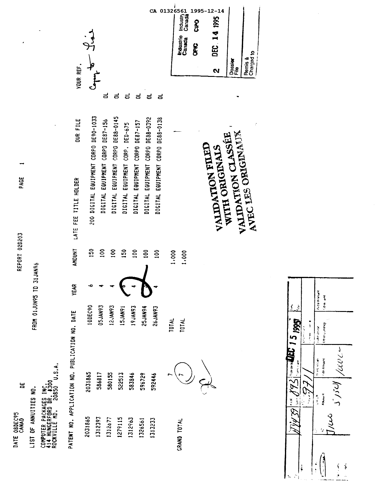 Document de brevet canadien 1326561. Taxes 19951214. Image 1 de 1