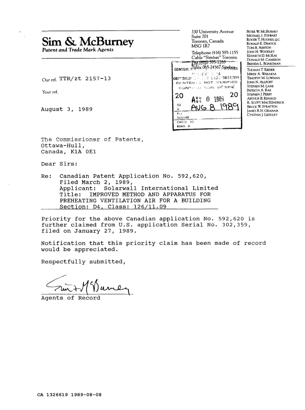 Document de brevet canadien 1326619. Correspondance reliée au PCT 19890808. Image 1 de 1