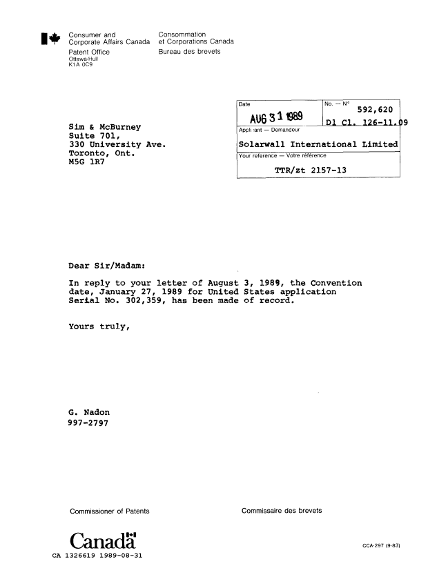 Document de brevet canadien 1326619. Lettre du bureau 19890831. Image 1 de 1