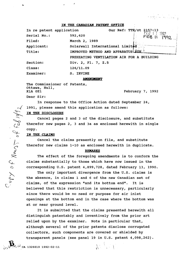 Document de brevet canadien 1326619. Correspondance de la poursuite 19920211. Image 1 de 2
