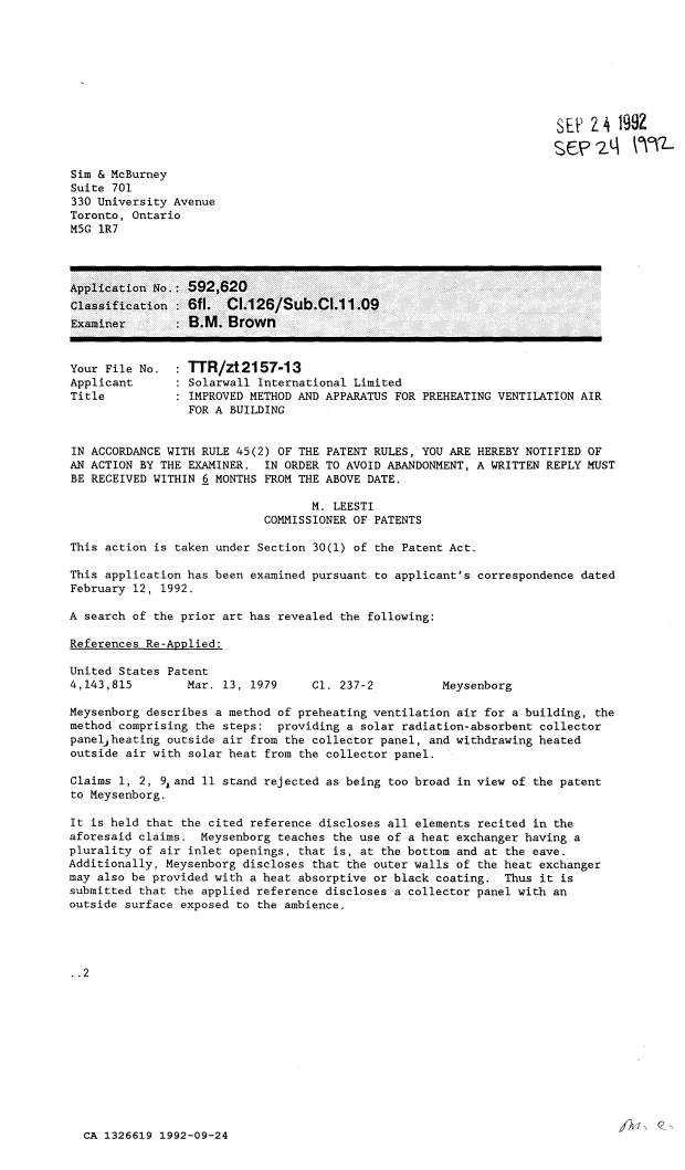 Document de brevet canadien 1326619. Demande d'examen 19920924. Image 1 de 2