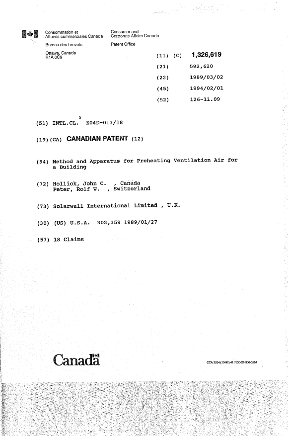 Document de brevet canadien 1326619. Page couverture 19940721. Image 1 de 1