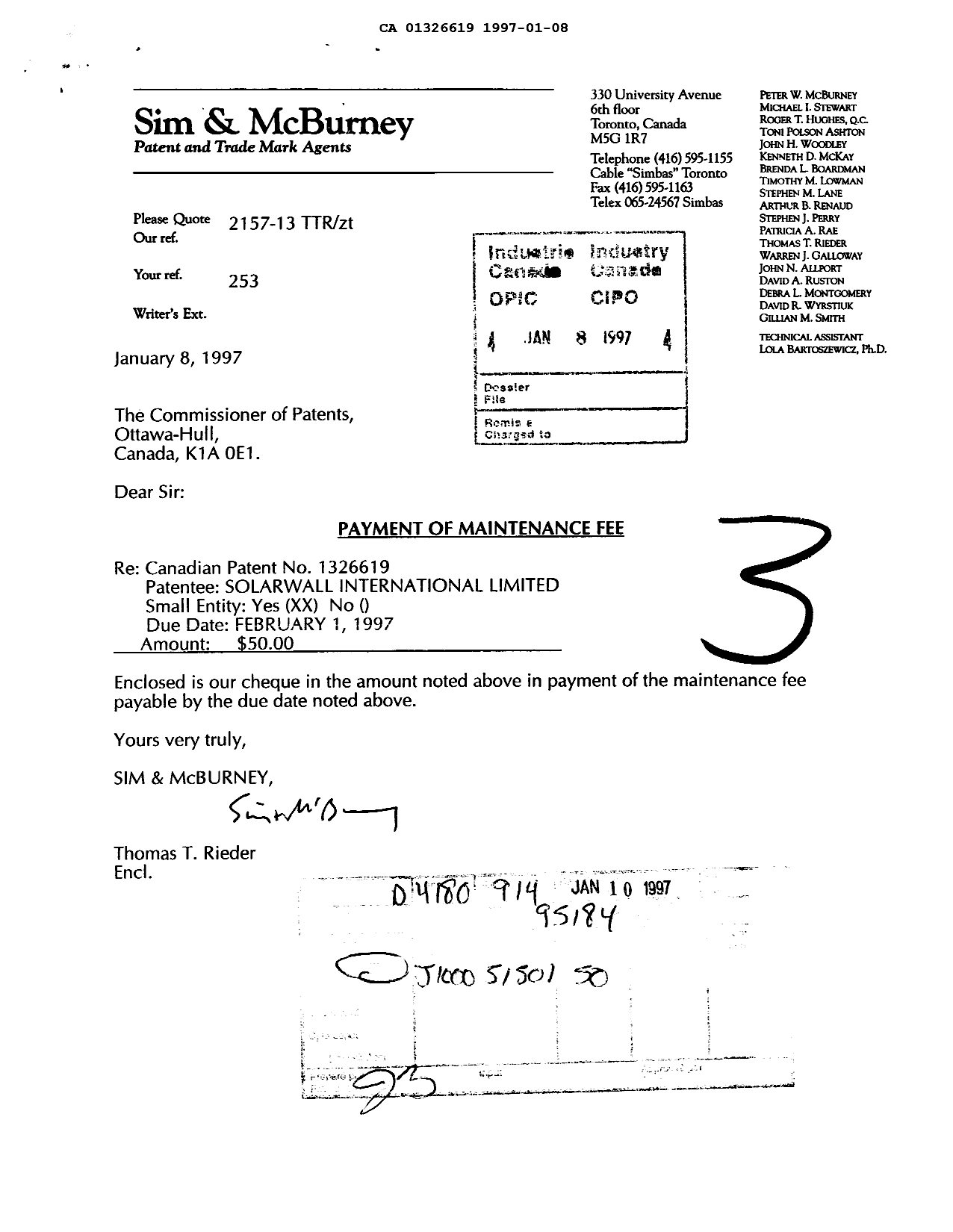Document de brevet canadien 1326619. Taxes 19970108. Image 1 de 1