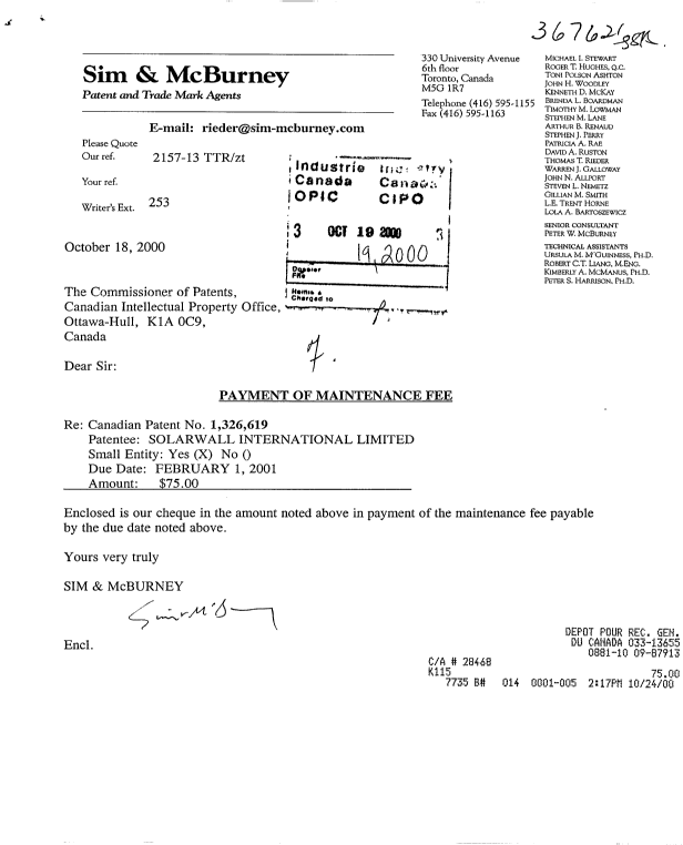 Document de brevet canadien 1326619. Taxes 20001019. Image 1 de 1