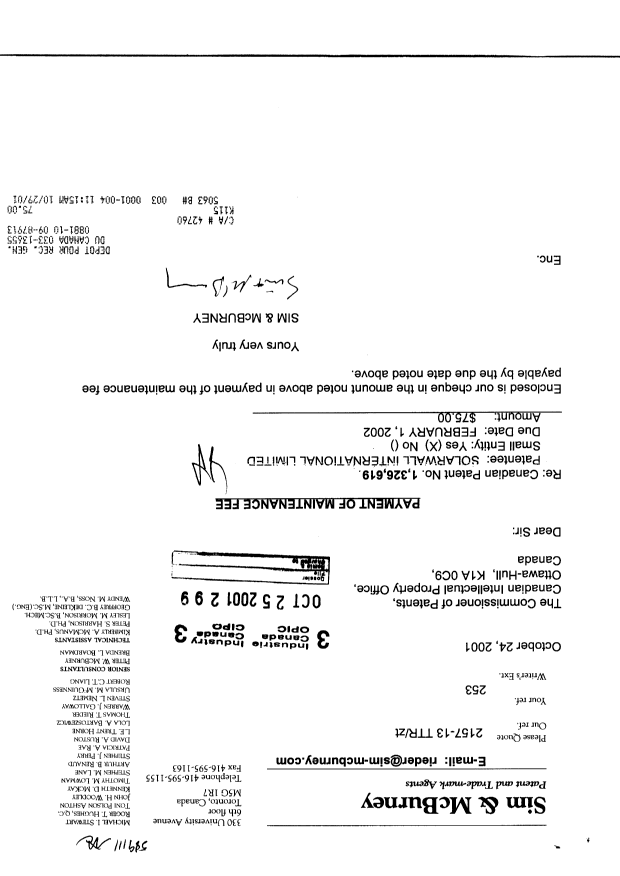 Canadian Patent Document 1326619. Fees 20011025. Image 1 of 1