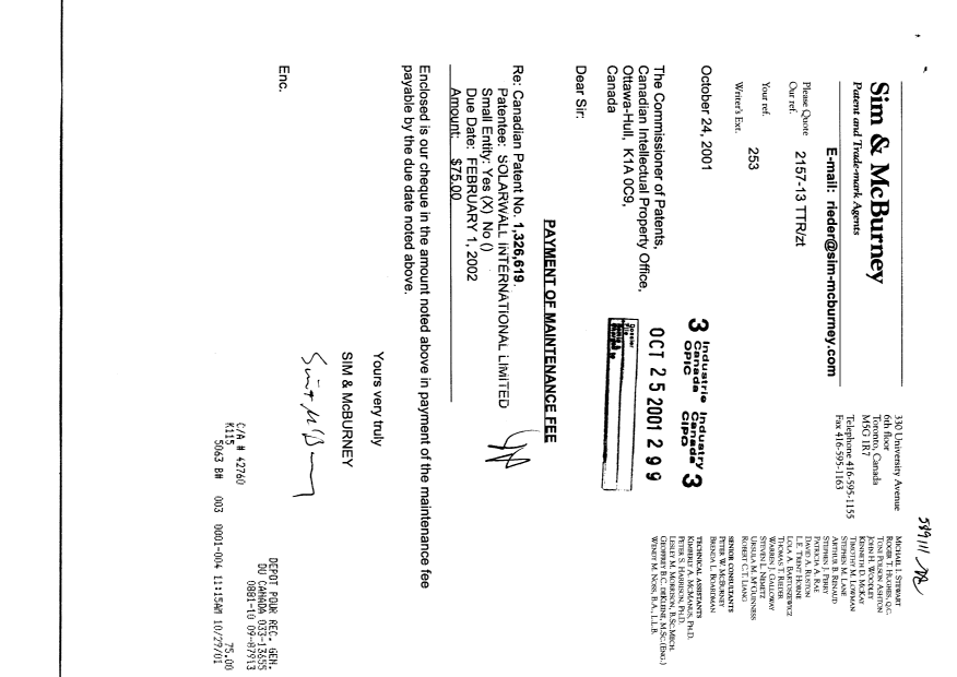 Document de brevet canadien 1326619. Taxes 20011025. Image 1 de 1