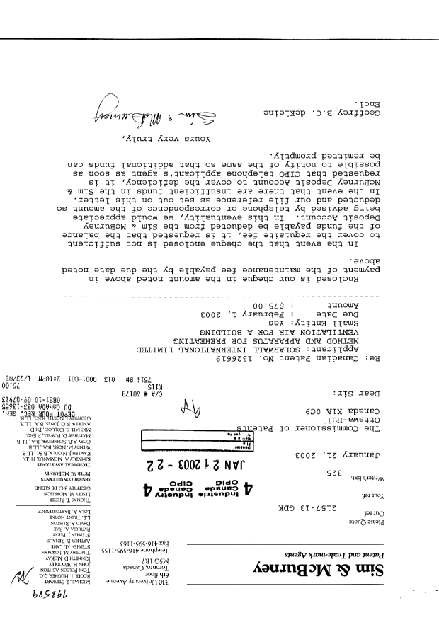 Canadian Patent Document 1326619. Fees 20030121. Image 1 of 1