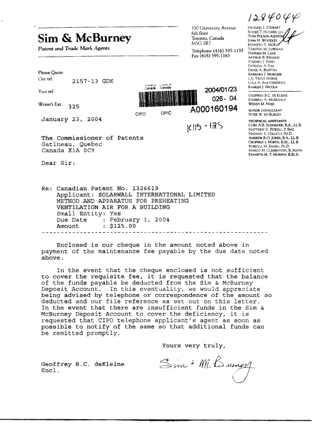 Document de brevet canadien 1326619. Taxes 20040123. Image 1 de 1