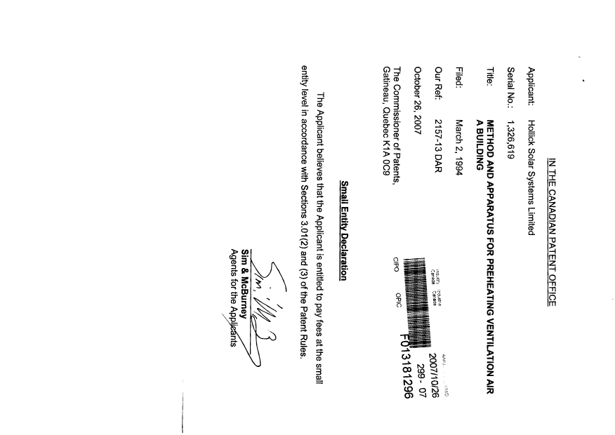 Document de brevet canadien 1326619. Correspondance 20061226. Image 1 de 1