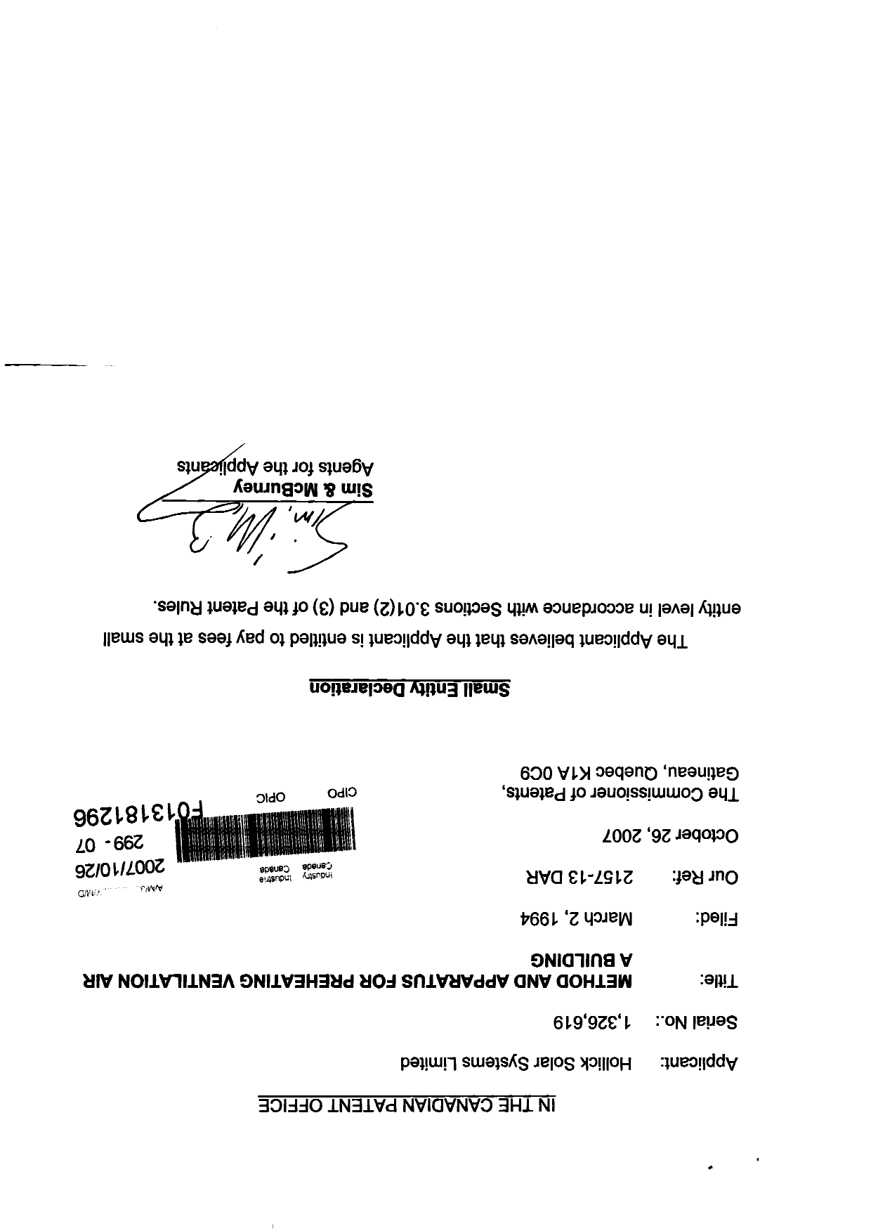 Document de brevet canadien 1326619. Correspondance 20061226. Image 1 de 1