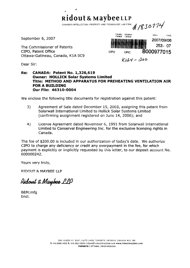 Document de brevet canadien 1326619. Cession 20070906. Image 1 de 8