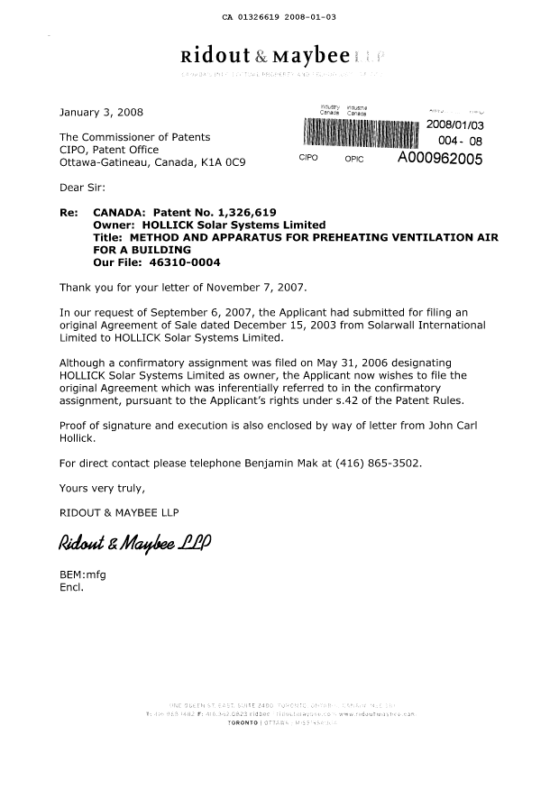 Document de brevet canadien 1326619. Cession 20080103. Image 1 de 2