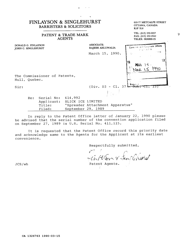 Document de brevet canadien 1326763. Correspondance reliée au PCT 19900315. Image 1 de 1