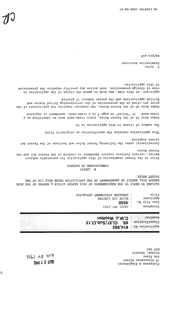Document de brevet canadien 1326763. Demande d'examen 19920827. Image 1 de 1