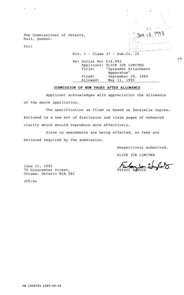 Document de brevet canadien 1326763. Correspondance de la poursuite 19930615. Image 1 de 1
